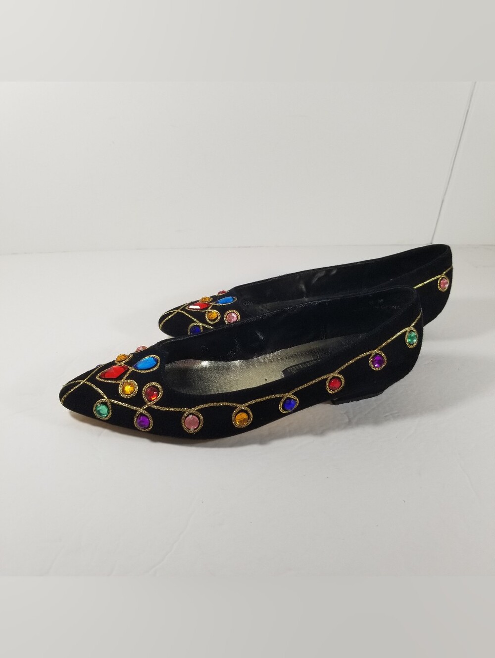 J. Renee Black Suede Bejeweled Low Heels Women's 8M Gold Trim